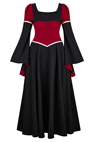 Hengzhifeng Renaissance Kleid Damen Mittelalter Kostüm Vintage Retro Prinzessin Faschingskostüm (3X-Large, Schwarz/Weinrot) von Hengzhifeng