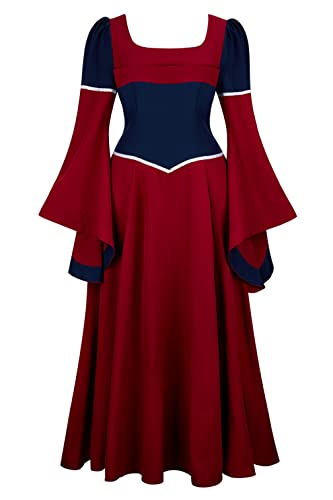 Hengzhifeng Renaissance Kleid Damen Mittelalter Kostüm Vintage Retro Prinzessin Faschingskostüm (3X-Large, Weinrot/Dunkel Blau) von Hengzhifeng