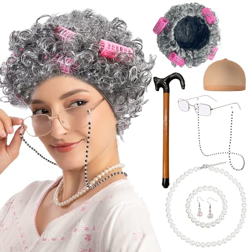 Old Lady Kostüm Set, Großmutter Cosplay Zubehör Set, Oma Perücke Perücke Kappe Oma Brille Brillen Ketten Perlenkette Lockenwicklern Ohrringe Armband Aufblasbare Krücken für Karneval Halloween Fasching von Henjunu