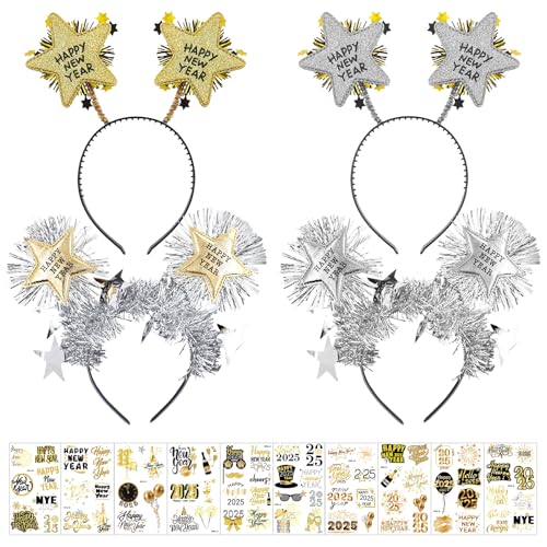 Henjunu Silvester Deko 2025 Haarreif Set, 4 Silvester Haarreif Haarschmuck+10pcs Tattoo-Aufkleber, Silvester Party Stirnband New Year Decoration Zubehör für Kinder Erwachsene, Foto Requisiten 2025 von Henjunu