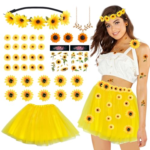 Henjunu Sonnenblumen Kostüm,Blumen Kostüm Damen,Sonnenblume Haarschmuck Stirnband,mit 10 Haarspangen Gänsenblümchen Haarschmuck,Tüllrock,Sonnenblume Tattoos,für Karneval Halloween Fasching Mottoparty von Henjunu