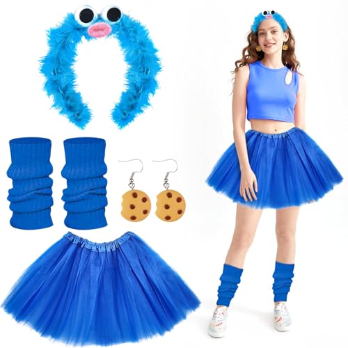 Krümelmonster Kostüm Damen,Krümelmonster Haarreif+Keks Ohrringe Krümelmonster+Tüllrock Blau+Stulpen Damen Blau,Krümelmonster Kostüm Accessories,Halloween Kostüm, Fasching Kostüm, Karneval Kostüm von Henjunu