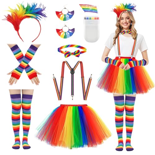 Regenbogen Kostüm Damen 9 Stück, Regenbogen Tüllrock mit Bunt Feder Stirnband, Bow Tie, Ohrring, Regenbogen Kniestrümpfe, Fingerlose Handschuhe, Riemen, für Karneval Halloween Mottoparty von Henjunu