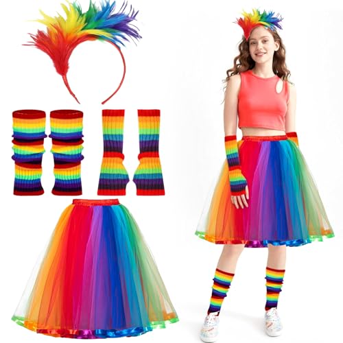 Regenbogen Kostüm Damen Set, Regenbogen Tüllrock, Bunt Feder Stirnband, Regenbogen Fingerlose Handschuhe und Regenbogen Beinstulpen, Regenbogen Kostüm für Karneval, Halloween, Fasching von Henjunu