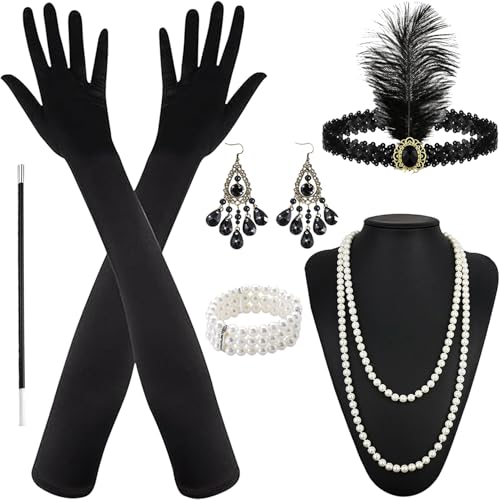 6 Stück 20er Jahre Kostüm Damen, 20er Jahre Accessoires, 1920 Zubehör Set, 1920er Accessoires-Set Fashion 20's Theme Set mit Stirnband Handschuhen Perlenkette Ohrringen Armband für Halloween Cosplay von Henkodo