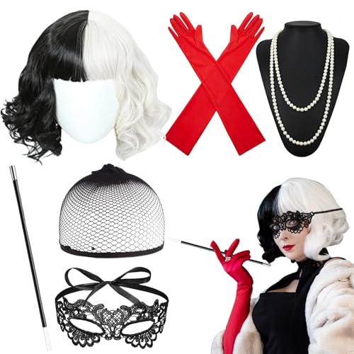 Henkodo Cruella Kostüm Damen,Halloween Kostüm Damen,70er Jahre Accessoires,Cosplay Perücke Zubehör Halterung Kurze Schwarze Spitze Maske Handschuhe Perlenschmuck für Karneval Halloween Cosplay Party von Henkodo