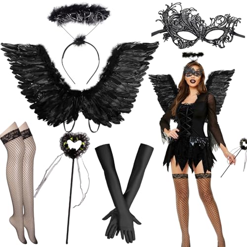 Henkodo Engelsflügel Schwarz 66cm,Teufel Kostüm,Engel kostüm Damen Mädchen Engel Haarreif Heiligenschein zauberstab Handschuhe Mask Karneval Kostüm Faschingkostüme für Halloween Karneval Cosplay von Henkodo