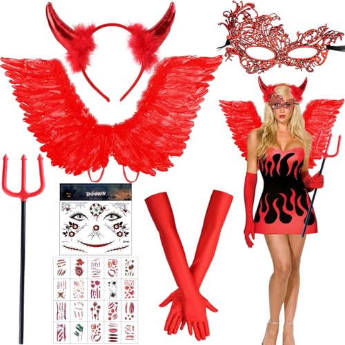 Engelsflügel Teufel Kostüm 66cm, Rote Angel Wings Teufel Kostüm Damen Mädchen, Mit Haarreif,Teufelshörner, Tattoo, Handschuhe, Mask,Engel Flügel für Kinder Damen Mädchen Jungen,Halloween,Engel-Cosplay von Henkodo