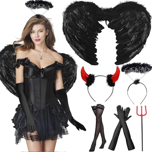 Engelsflügel Schwarz, 6 Stk Teufel Kostüm schwarz Engel kostüm Damen Mädchen, Engelsflügel mit Heiligenschein,Schwarz Flügel Engel Kostüm Erwachsene für Halloween Cosplay Party Kostümparty Verkleidung von Henkodo