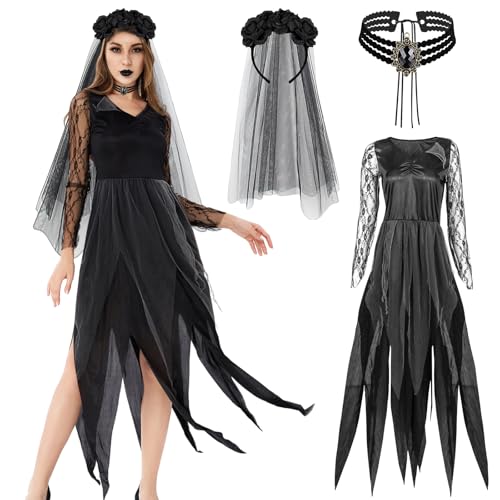 Henkodo Halloween Kostüm Damen Geister Schwarze,Zombie Braut Kostüm Damen,Cosplay Vampir Langkleid Bräute Kostüme Damen Erwachsene Horror Kostüm Fasching Hexenkleid für Halloween Karneval Cosplay (XL) von Henkodo