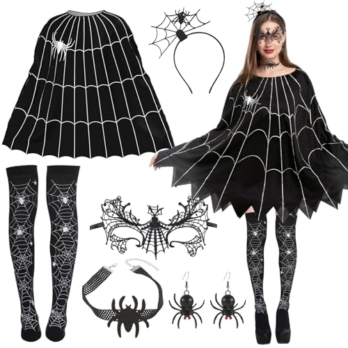 Henkodo Halloween Spinne Kostüm,6 Stück Halloween Kostüm Damen mit Spinne Maske Spinnen Ohrringe Spinne Haarreifen Cosplay Spinne Kostüm Set für Erwachsene Halloween Fasching Karneval Cosplay von Henkodo