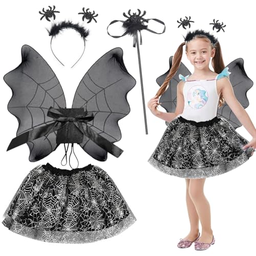 Henkodo Halloween Spinne Kostüm Kinder,4 Pcs Spinne Kostüm Mädchen mit Flügel Haareif Stab Fledermaus Flügel Kostüm kinder für Halloween, Karneval, Fasching, Cosplay Party Deko von Henkodo