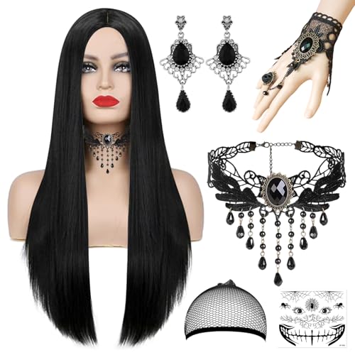 Perücke Damen, Perücke Halloween Damen 9er Set,70cm Halloween Schwarz Perücke Damen mit Haarnetz Gothic Halskette Armbänder,Ohrring Halloween-Tattoo-Sticker für Halloween Karneval Party Vampir Cosplay von Henkodo