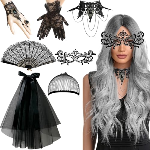 Henkodo Halloween Steampunk Damen Zubehör, 5 Stück Halloween Perücke Kostüm Zubehör,Gothic Halskette und Armbänder Handfächer,Ohrring Maske für Halloween Karneval Kostüm Party Cosplay (Gray-B) von Henkodo