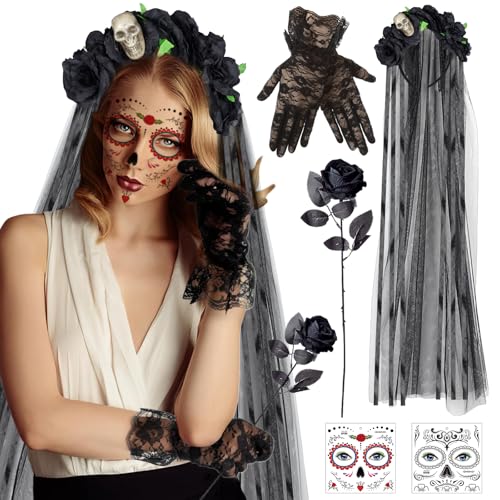 Henkodo Halloween Tag der Toten Haarreif,Dia De Los Muertos Haarreif Tag Der Toten Haarschmuck Tattoo Gesicht Spitzenhandschuhe Schwarz Künstliche Blumen Rose Halloween Karneval Gothic-Cosplay von Henkodo