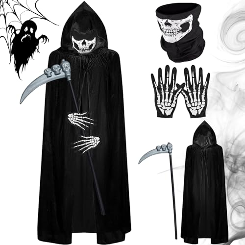 Sensenmann Kostüm 150 cm, 4 Stk Halloween Umhang Set Halloween Gesichtsmaske Handschuhe Halloween Sense,Grim Reaper Kostüm Erwachsene,Halloween Kostüm Set für Hallowee Karneval Cosplay Party Maskerade von Henkodo