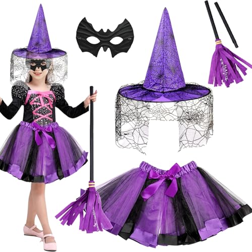 Halloween Hexenkostüm Mädchen, 4 Teiliges Hexenkostüm für Mädchen mit Hexenhut Hexenbesen Tüllrock Masken, Halloween kostüm kinder Tütü Hexen Verkleidung Set,Hexe Kostüm für Fasching Cosplay Halloween von Henkodo