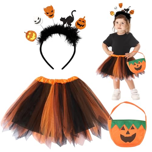 Henkodo Hexenkostüm Kinder, Halloween Kostüm Kinder Hexe Mädchen, Hexenkostüm Mädchen Tutu Rock Set Kürbis Tasche und Haarreif Hexe Tüllrock Kostüm Kinder für Halloween Karneval Cosplay Mottoparty von Henkodo