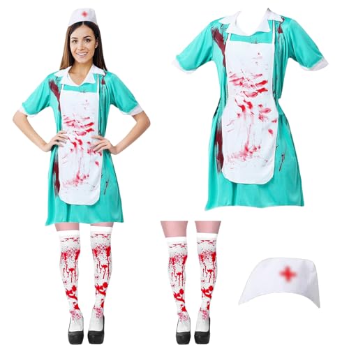 Henkodo Zombie Krankenschwester Kostüm Halloween,Halloween Kostüm Damen,Horror Krankenschwester Kostüm-Outfits mit Schürze Strümpfe Haube Frauen für Halloween Karneval Cosplay Kostüm Party von Henkodo