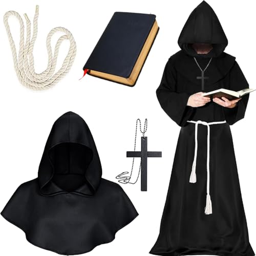 Henkodo Mönch Kostüm,Halloween Mönch Robe Priester Kostüm Set mit Kapuze Korde, Mittelalterliche Renaissance Kapuze Herren Männer Mönch Kostüm Herren Damen Halloween,Karneval Cosplay Party (XL) von Henkodo