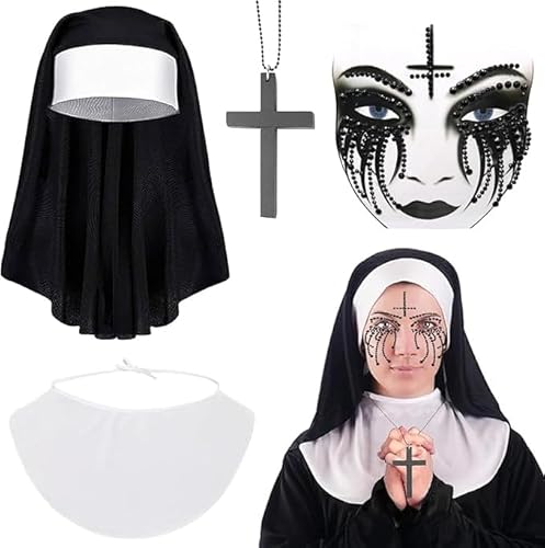 Nonne Kostüm Damen,4 Stück Halloween Horror Nonne Kostüm,Halloween Nonnen Damen Nonnenkostüm mit Kreuzkette,Halloween Glitzersteine Gesicht,Nonnenhaube, Kragen, Gut für Halloween Karneval, Cosplay von Henkodo