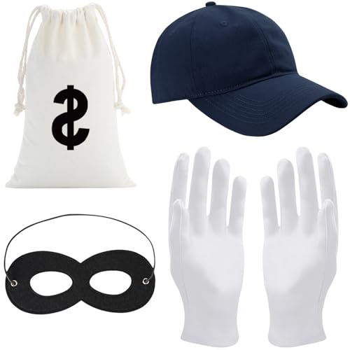 Panzerknacker Kostüm Accessoire, 4 Stück Dieb Maske+Cap+Handschuhe +Geldsack, Cosplay Einbrecher Kostüm, Cosplay Einbrecher Räuber Accessoire,Halloween Kostüm für Erwachsene Cosplay Fasching Halloween von Henkodo