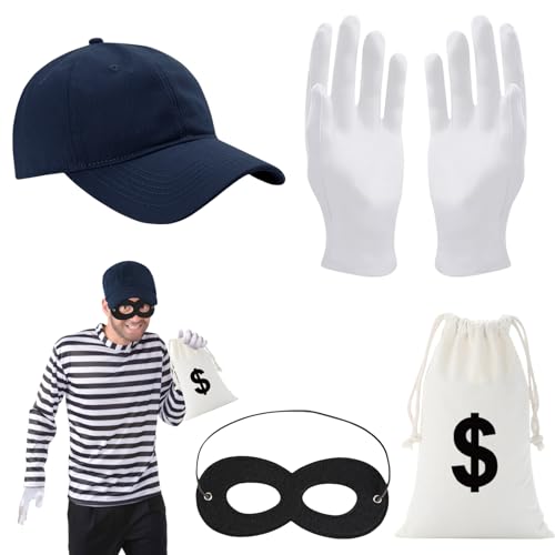 Henkodo Panzerknacker Kostüm,Dieb Maske+Cap+Handschuhe +Geldsack,Cosplay Einbrecher Kostüm,Räuber Kostüm Verkleidung Halloween Bankräuber Kostüm Erwachsene Kinder Cosplay Fasching Karneval Halloween von Henkodo