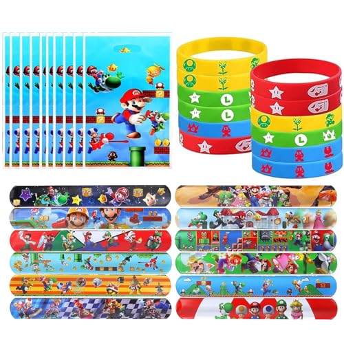 Henkodo Super Mario Party Mitgebsel, 12 Slap Armbänder 10 Geschenktüten 12 Silikon Armband Geburtstag Party Deko Kindergeburtstag Mitgebsel Set für Jungen Mädchen Geschenke Giveaway Gastgeschenk von Henkodo