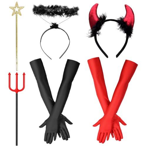 Teufel kostüm Damen Mädchen, 6-Teiliges Teufel Kostüm Damen Halloween Accessoires, Teufel Handschuhe Haarreif Dreizack Set, 1920er Jahre Kostüm Zubehör Damen für Halloween Karneval Fasching Cosplay von Henkodo