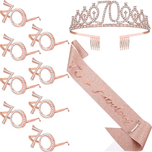 Henoyso 10 Stück Geburtstagsgeschenk für Frauen Glitzer Geburtstag Brille Geburtstag Party Dekoration Geburtstag Schärpe und Tiara für Frauen (Roségold + 70.) von Henoyso