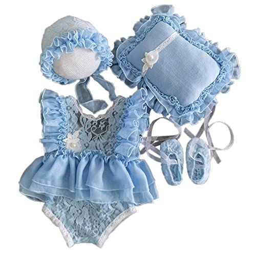 Baby Mädchen Fotografie Kostüm Requisiten Strampler Spitze Tütü Kleid Bodysuit Fotoshooting Outfits Mädchen Spitze Prinzessinnen-Kostüm mit Hut Fotografische Requisiten Outfits,Blau,3-6 Monate von Herbests