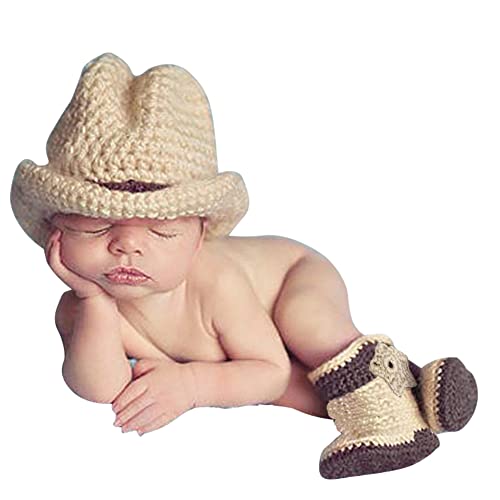 Herbests 2 Stück Neugeborenen Fotografie Requisite,Newborn Cowboy Hut Stiefel Baby Fotoshooting Kostüme Set Fotografie Häkel Stricken Foto Kostüm Prop Outfit für 0-2 Monate Kleinkind Jungen Mädchen von Herbests