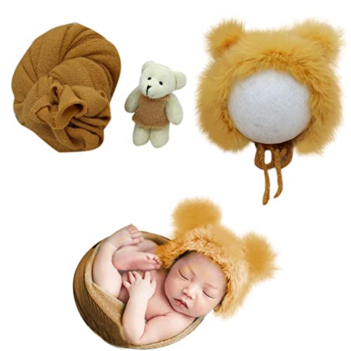 Herbests 3 Stück Baby Neugeborenen Fotografie Prop Wraps Baby Hut & Bär Puppe,Baby Photoshooting Props Fotografie Hut Newborn Baby Wrap Decke Baby Kostüm Hut Headwrap für 0-6 Monate Baby,Gelb von Herbests