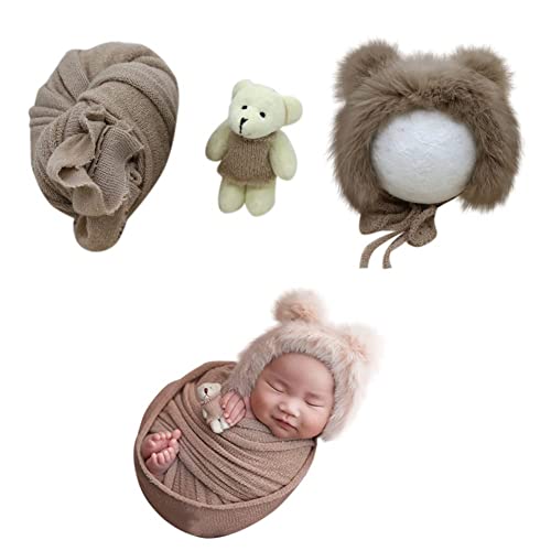 Herbests 3 Stück Baby Neugeborenen Fotografie Prop Wraps Baby Hut & Bär Puppe,Baby Photoshooting Props Fotografie Hut Newborn Baby Wrap Decke Baby Kostüm Hut Headwrap für 0-6 Monate Baby,Khaki von Herbests