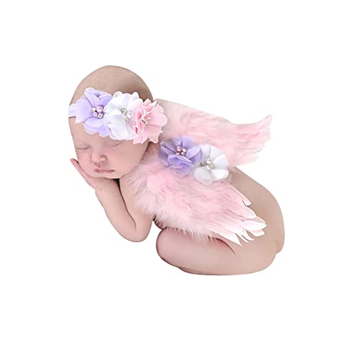 Neugeborenen Fotografie Requisiten, Mädchen Baby Engel Feder Flügel Fotoshooting Kostüm mit Stirnband Outfits Bekleidung Haarband Set Baby Fotografie Prop für Neugeborenes Baby 0-2 Monaten,Rosa von Herbests