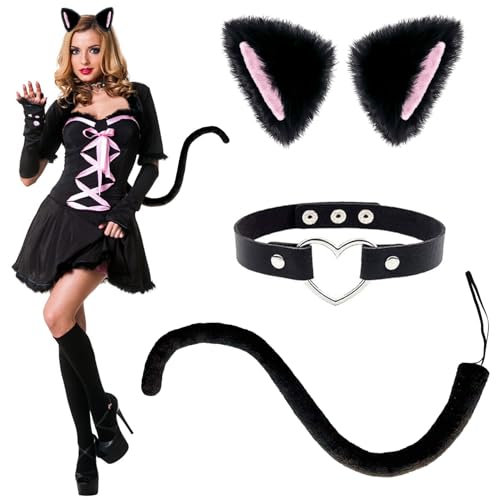 Herbst 3-teiliges Set Katze Cosplay Set Schwarz Katzenkostüm für Kinder Katzenohren Haarreif Schwanzkragen Kostüm Katze Party Halloween Karneval Tier Cosplay-Kostüm-Katze von Herbst