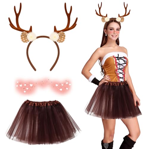 Herbst 3er Reh Kostüm Damen, Karneval Kostüm Damen mit Reh Geweih Haarreif Temporäre Tattoo Brauner Tüllrock Rentier Kostüm Erwachsene Fasching Kostüm Damen Reh für Weihnachten Karneval Cosplay von Herbst