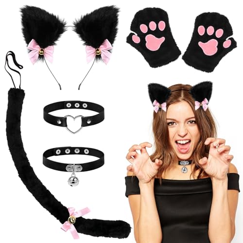 Herbst Katze Cosplay Set Schwarz Katzenkostüm für Damen und Kinder Katzenohren Stirnband Pfoten Handschuhe Schwanzkragen Party Halloween Karneval Tier Cosplay von Herbst