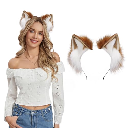 Herbst Katzenohren Haarreif Fuchs Ohren Wolfsohren, Handgefertigtes Cosplay Kostüm Kopfbedeckung, Fuchs Kostüm für Fasching Karneval Party Halloween Weihnachten Damen Männer Mädchen von Herbst