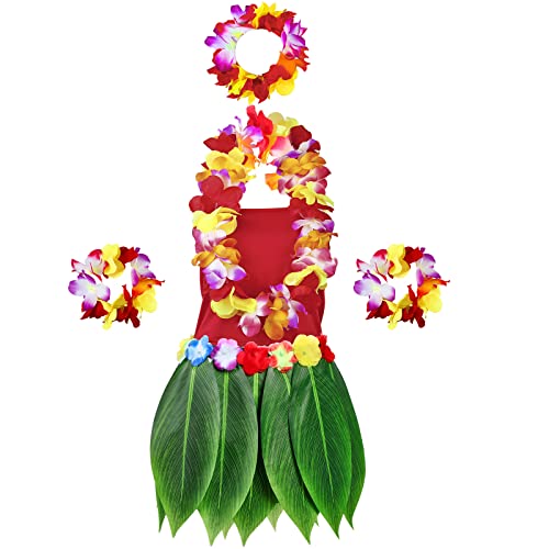 6-teiliges hawaiianisches Luau-Partykleid-Outfits, inklusive rotem Stretch-BH, Hula-Rock, hawaiianische Leis-Halskette, Armband (bunte Blumen, XL) von Hercicy