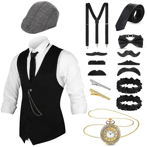 Hercicy 1920er Jahre Herren Gangster Weste Kostüm Zubehör Set Fedora Hut Vintage Taschenuhr Vorgebundene Fliege 1920er Jahre Kostüme 1920er Jahre Accessoires für Herren (Medium) von Hercicy