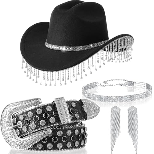 Hercicy 5-teiliges Glitzer-Cowgirl-Hut, Strassstein-Schmuck-Set, Westernhut für Damen, Braut, Junggesellinnenabschied, Kostüm, Schwarz, Einheitsgröße Hercicy 5-teiliges Glitzer-Cowgirl-Hut, Strassstein-Schmuck-Set, Westernhut für Damen, Braut, Junggesellinnenabschied, Kostüm, Schwarz, Einheitsgröße von Hercicy