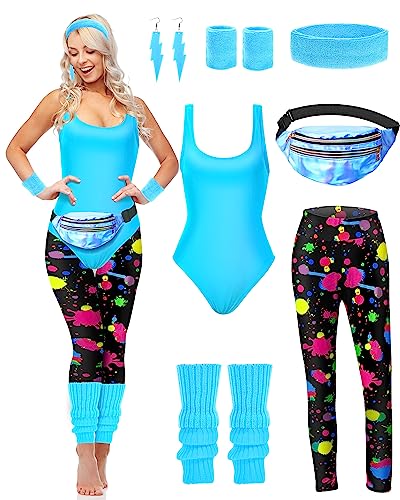 Hercicy 7 Stück 80er Jahre Workout Kostüm 80er 90er Jahre Gymnastikanzug Leggings Stirnband Armbänder Beinwärmer Ohrringe Bauchtasche, Süßes Neon, M von Hercicy