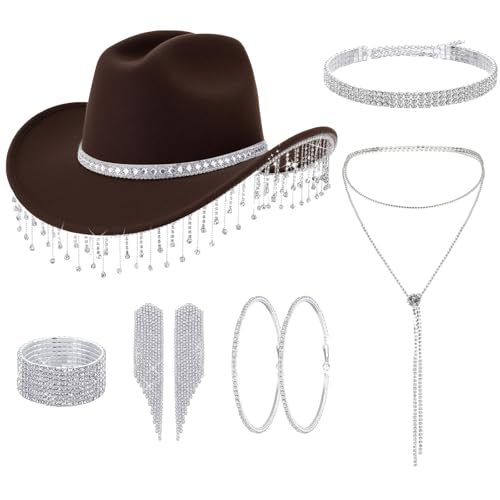 Hercicy 7-teiliges Glitzer-Cowgirl-Hut, Strass-Schmuck-Set, Cowboy-Kostüm, Outfit für Braut, Junggesellinnenabschied, Halloween-Party, Braun, Einheitsgröße Hercicy 7-teiliges Glitzer-Cowgirl-Hut, Strass-Schmuck-Set, Cowboy-Kostüm, Outfit für Braut, Junggesellinnenabschied, Halloween-Party, Braun, Einheitsgröße von Hercicy