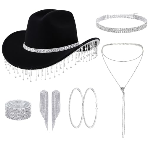 Hercicy 7-teiliges Glitzer-Cowgirl-Hut, Strass-Schmuck-Set, Cowboy-Kostüm, Outfit für Braut, Junggesellinnenabschied, Halloween-Party, Schwarz, Einheitsgröße Hercicy 7-teiliges Glitzer-Cowgirl-Hut, Strass-Schmuck-Set, Cowboy-Kostüm, Outfit für Braut, Junggesellinnenabschied, Halloween-Party, Schwarz, Einheitsgröße von Hercicy