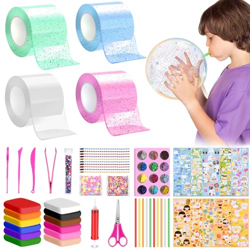 Herefun 64 Stück Nano Tape Bubbles Set, Blowing Bubble Tape, DIY Nano Tape Craft Kit mit Slime Ton, Selbstklebendes Nano Tape, Magie Bubble Spielzeug für Kinder, Party Favors Geschenke (64PCS) von Herefun