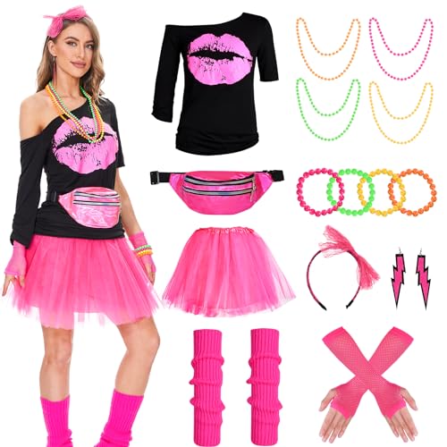 Herefun 80er 90er Jahre Kostüm Damen, Outfit 80er 90er Jahre Damen Karneval Retro Party Kostüm, 80er Jahre Mottoparty Tutu mit T-Shirt Bauchtasche Ohrring Halskette Netzhandschuhe von Herefun