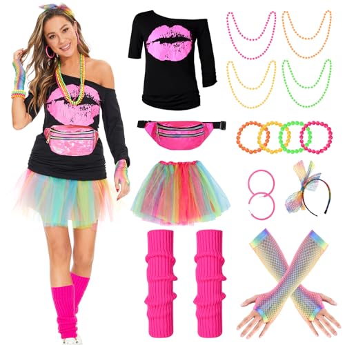 Herefun 80er 90er Jahre Kostüm Damen, Outfit 80er 90er Jahre Damen Karneval Retro Party Kostüm, 80er Jahre Mottoparty Tutu mit T-Shirt Bauchtasche Ohrring Halskette Netzhandschuhe von Herefun