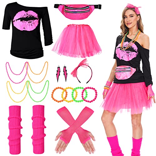 Herefun 80er 90er Jahre Outfit Damen Mottoparty Kleid mit Accessoires T-Shirt Beinwärmer Stirnband Halskette Netzhandschuhe 80er 90er Jahre Kostüm Mottoparty Karneval Fasching Damen (Rot, S) von Herefun