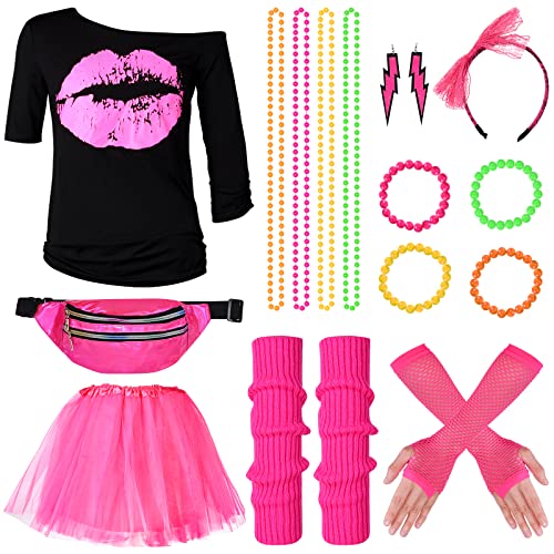 Herefun 80er 90er Jahre Kostüm Damen, Outfit 80er 90er Jahre Damen Karneval Retro Party Kostüm, 80er Jahre Mottoparty Tutu mit T-Shirt Bauchtasche Ohrring Halskette Netzhandschuhe von Herefun